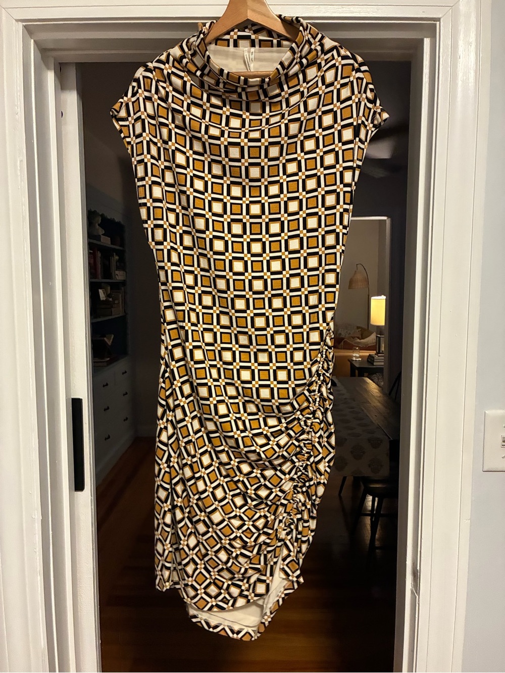 Anthropologie Geometric Midi Dress in Mustard, Black and White